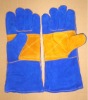 Blue leather welder gloves with yellow reinforcement