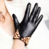 Ladies sheepskin LEATHER Leopard bow gloves Black (L100NQ)
